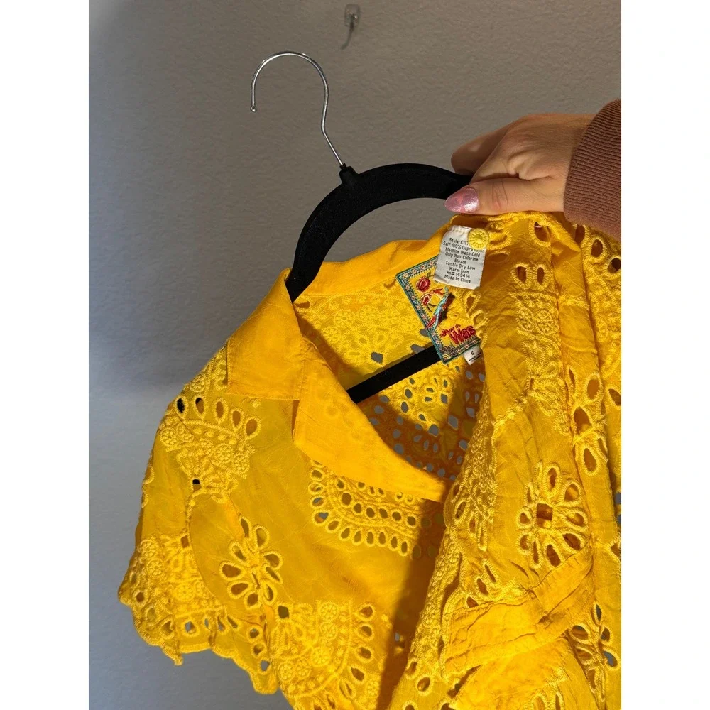 Johnny Was Womens Eyelet Embroidered Button Down Shirt‎ Yellow Small